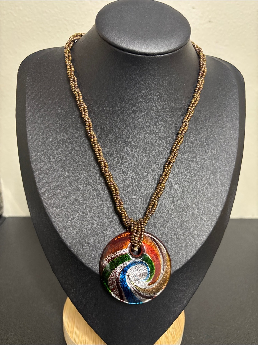 Vintage Multicolor Swirl Dichroic Glass Pendant Necklace Brown Beaded Strand